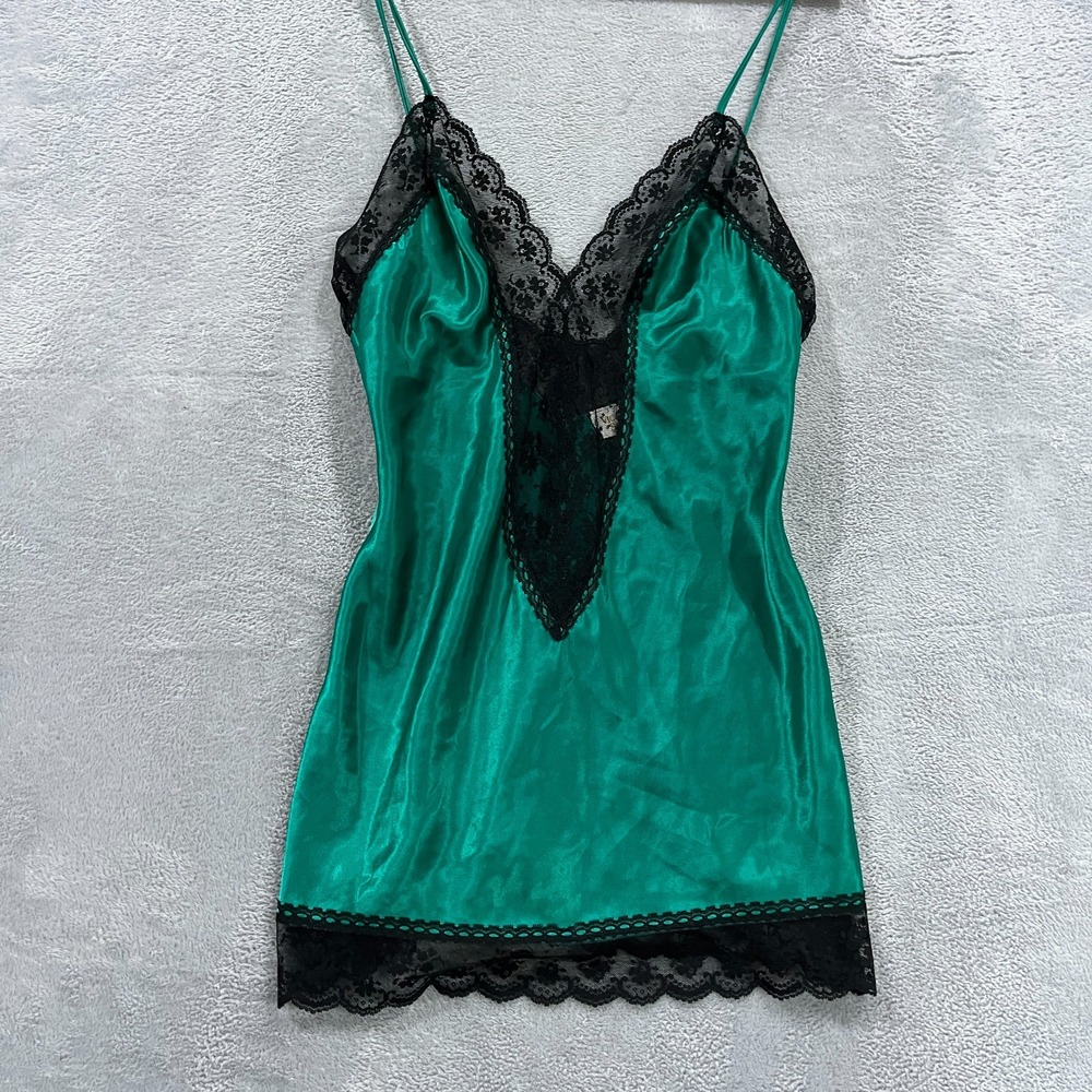 Vintage Victoria Secret Chemise‎ Slip NightGown M Black Green Lace Babydoll